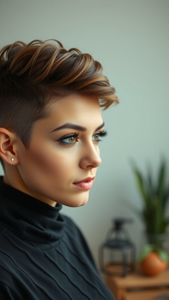 A close-up of a woman with a pixie haircut featuring tightly curled top and shorter sides, showcasing a modern and textured hairstyle.