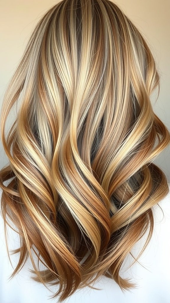 A hairstyle featuring rich ash blonde hair with auburn lowlights, styled in soft waves.