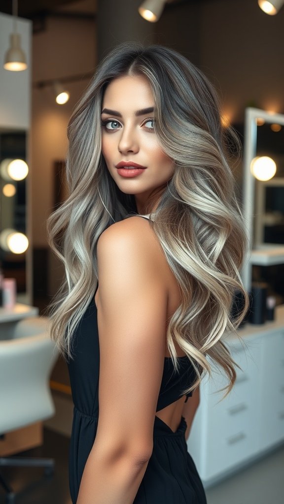 A woman with salt and pepper hair styled in soft waves, showcasing a chic and glamorous look.