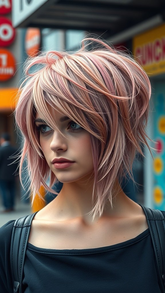 A young woman with a shag haircut featuring rosy highlights, showcasing a stylish and modern look.