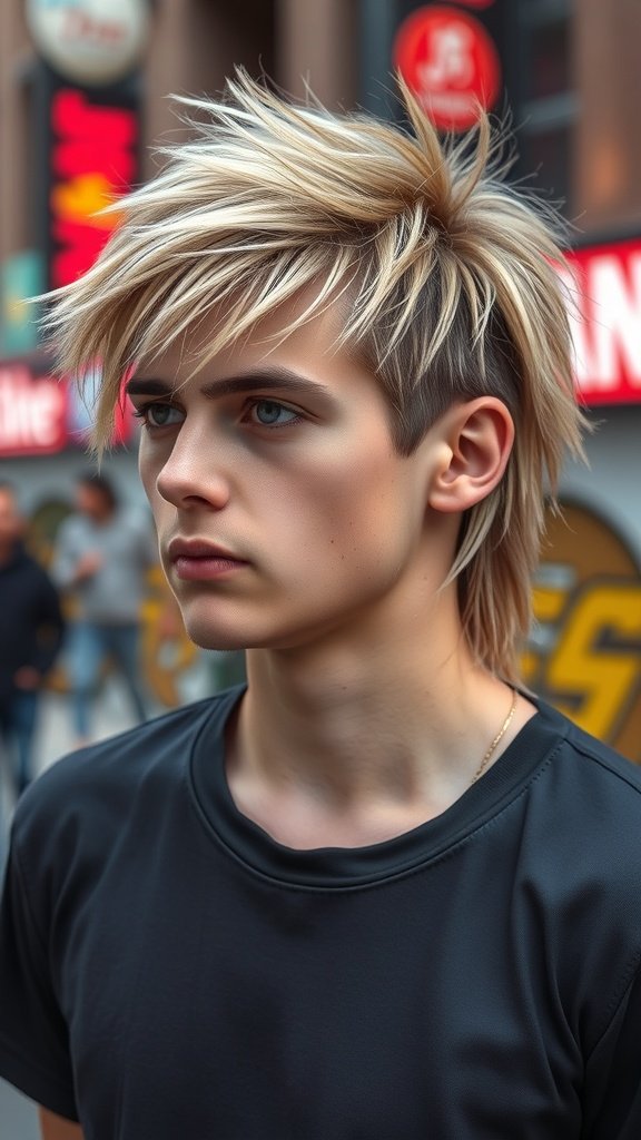 A young person with a shaggy mullet hairstyle featuring baby lights, looking stylish and modern.