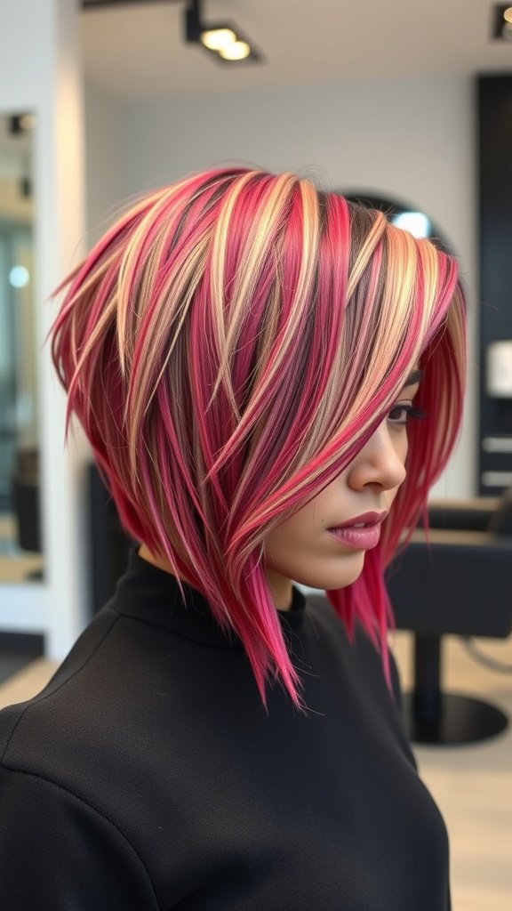 A stylish sharp angular layered shag haircut with vibrant pink and blonde highlights.