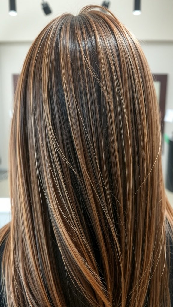 A close-up view of light brown hair with shimmering sapphire undertones, showcasing a blend of warm and cool colors.