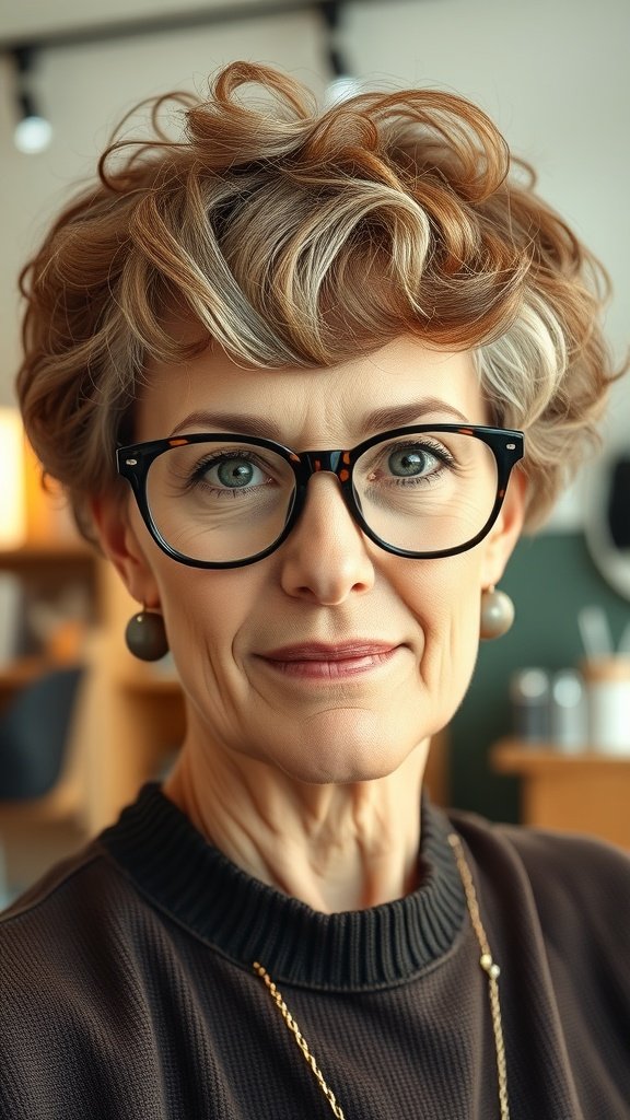 A woman over 70 with a short curly hairstyle and glasses, showcasing natural volume.