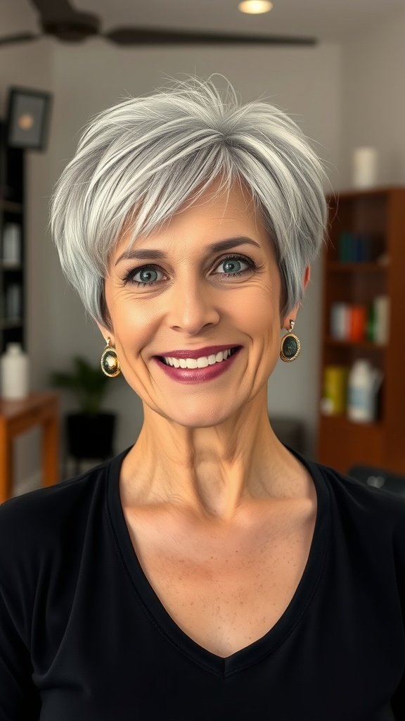 A woman with a short haircut featuring razor-textured ends, smiling confidently.