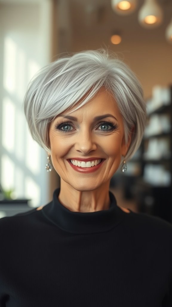 A woman with a short silver layered haircut and a side sweep, smiling brightly.