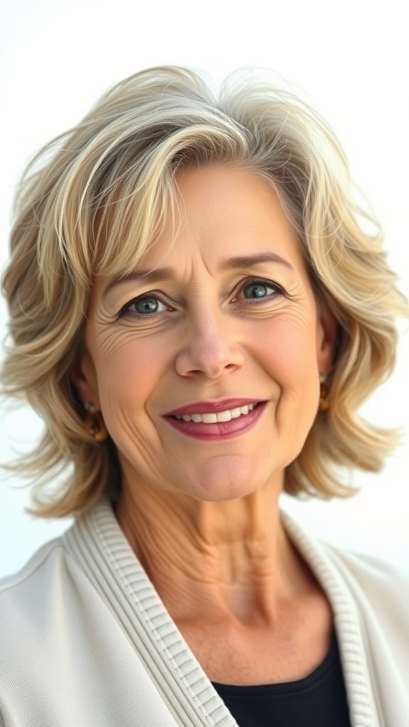 A woman with a shoulder-length haircut featuring textured ends, smiling confidently.