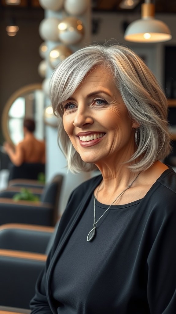 A woman with shoulder-length lob hairstyle featuring textured ends, smiling in a stylish setting.