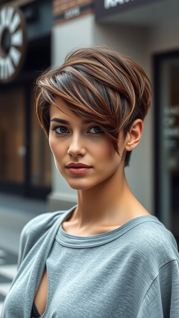 A woman with a side-parted pixie bob hairstyle, showcasing short layers and soft waves.