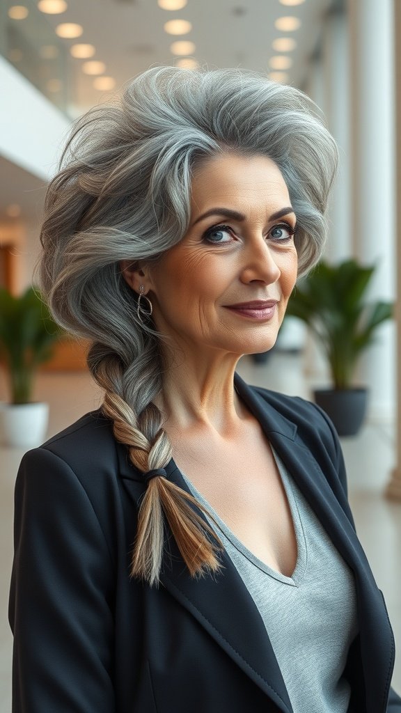 A woman with gray hair styled in a side-swept braid and voluminous crown, wearing a black blazer and gray top.