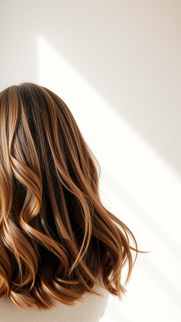 Shoulder-length hairstyle with soft waves and a mocha blend color