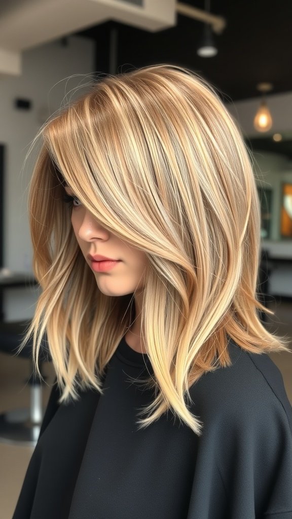 A woman with soft shag haircut and long side-swept bangs, showcasing warm blonde tones and layered texture.