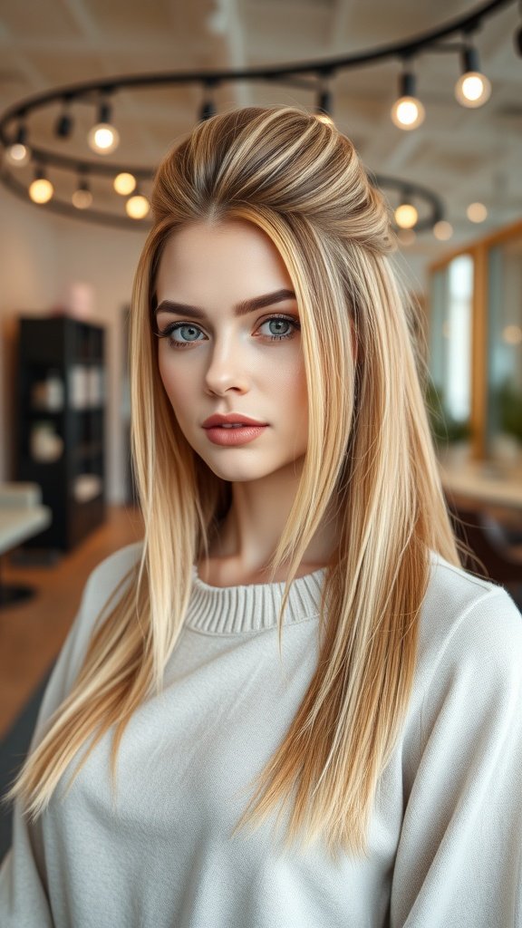 A woman with straight hair styled with a voluminous crown, showcasing a chic and elegant look.