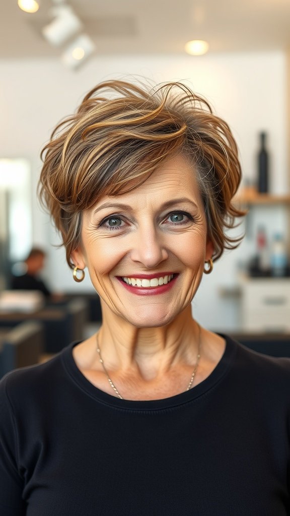A smiling older woman with a tapered pixie haircut featuring soft curls, wearing a black top and looking stylish.