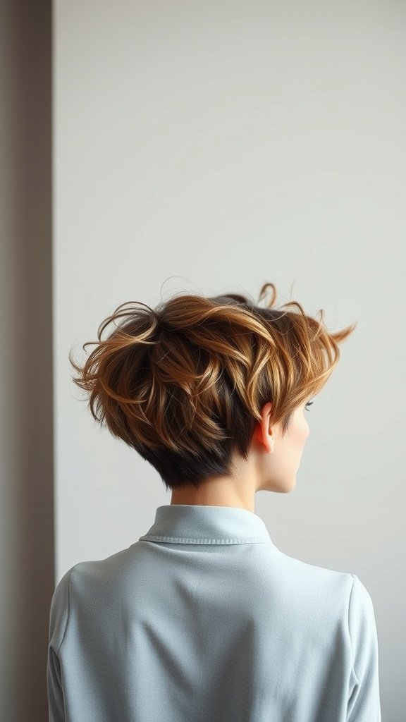 A woman with a tapered shaggy pixie cut featuring curls, viewed from the back.