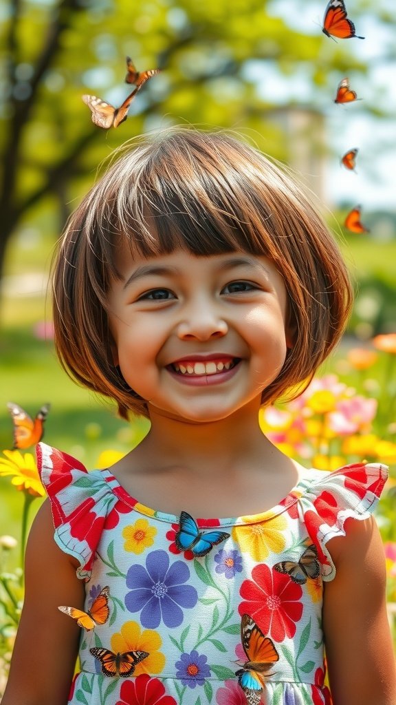 A young girl with a textured bowl cut, smiling in a flower-filled garden with butterflies around her.