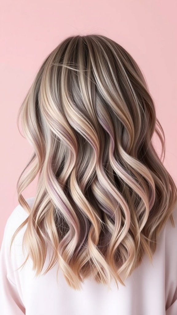 Medium-length hair with textured waves and subtle lavender accents