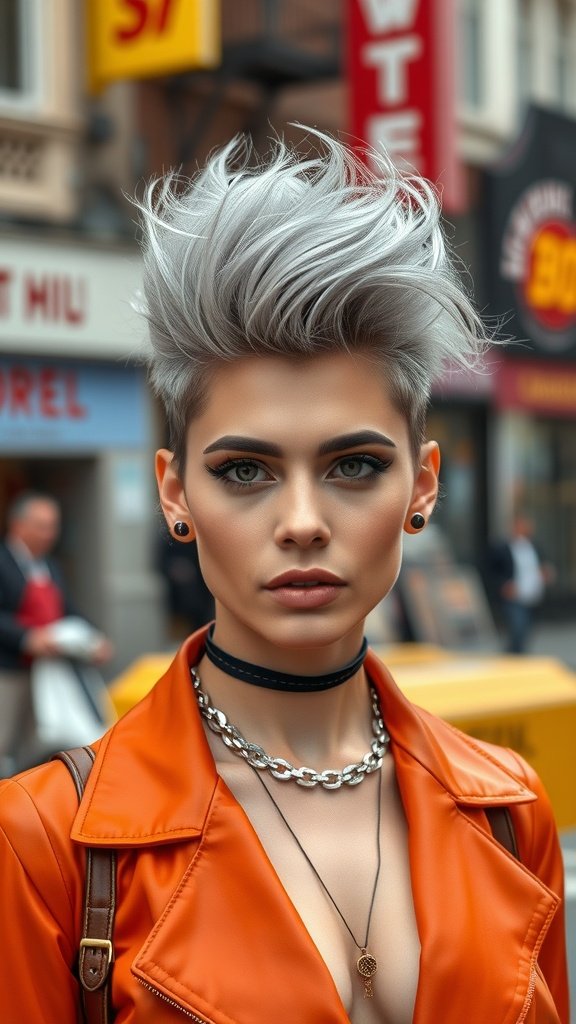 A model with a silver pompadour hairstyle, wearing an orange jacket and accessories, exuding confidence.