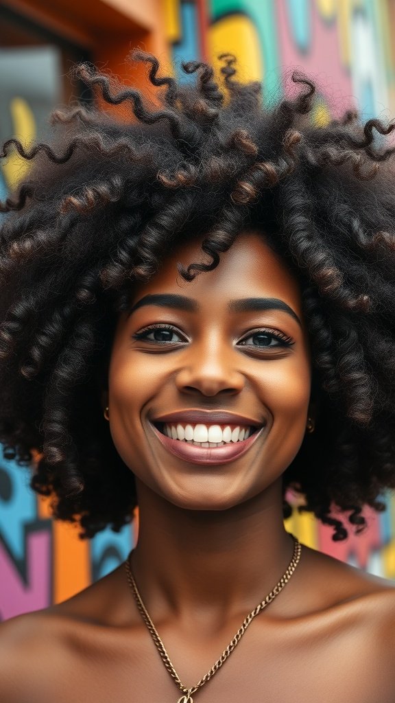 A woman with a tight curly afro hairstyle, smiling brightly against a colorful background.