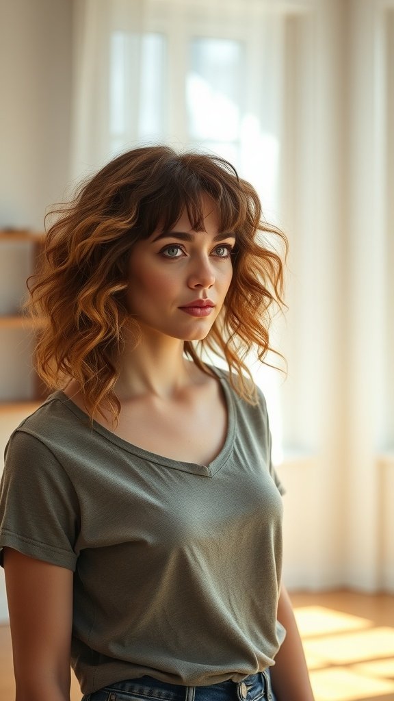 A woman with tousled curls and long bangs, wearing a casual outfit, standing in a well-lit room.