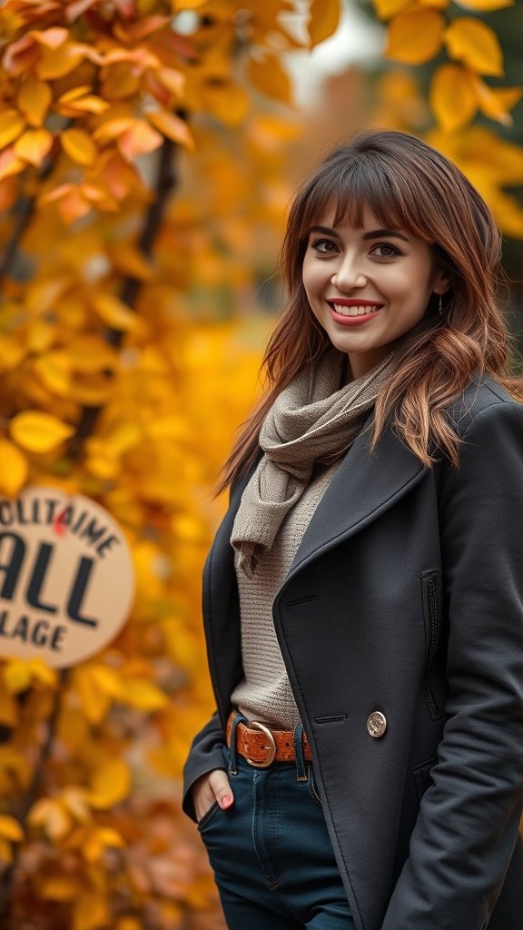 A woman with tousled curtain bangs smiling in front of autumn leaves.