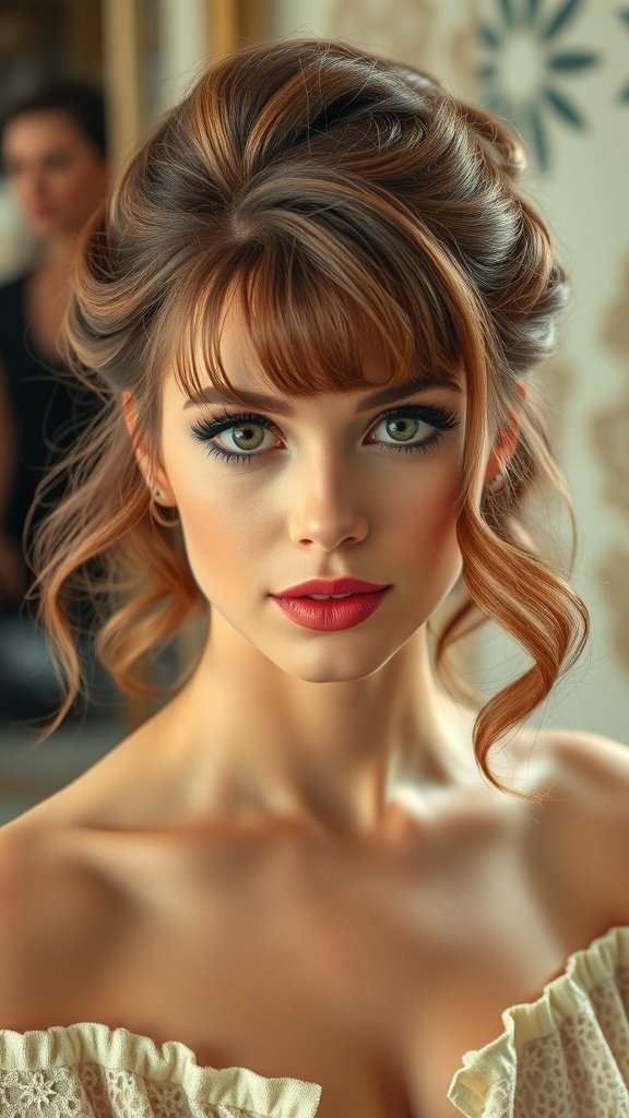 A woman with vintage curls and wispy bangs, showcasing a classic hairstyle.