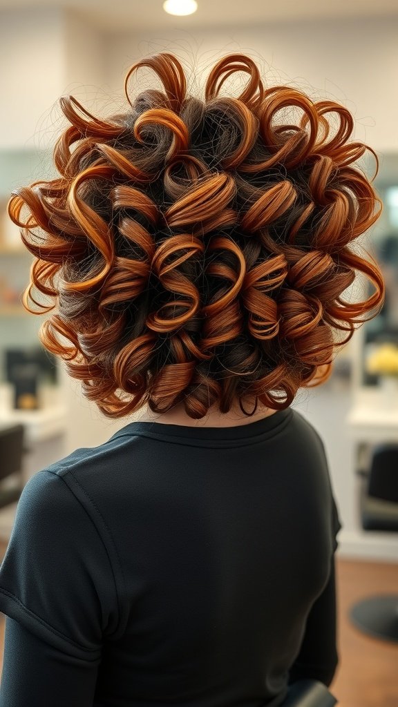 A voluminous curly hairstyle with bold caramel highlights, showcasing tight and bouncy curls.