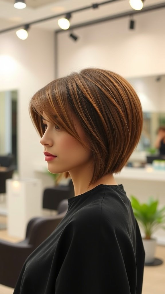 A woman with a voluminous top and sleek sides hairstyle, showcasing a modern chin-length cut.