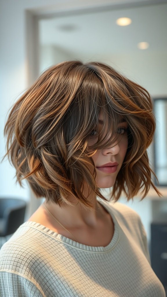 A woman with a wavy bob hairstyle and piece-y bangs, showcasing a stylish and voluminous look.