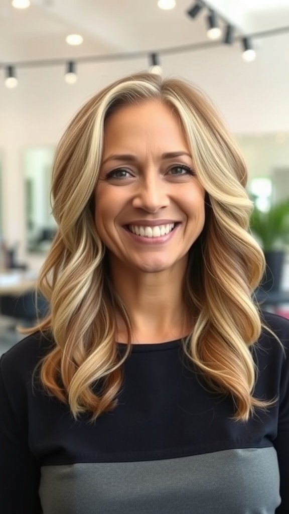 A woman with a wavy lob hairstyle featuring dimensional color, smiling in a salon.