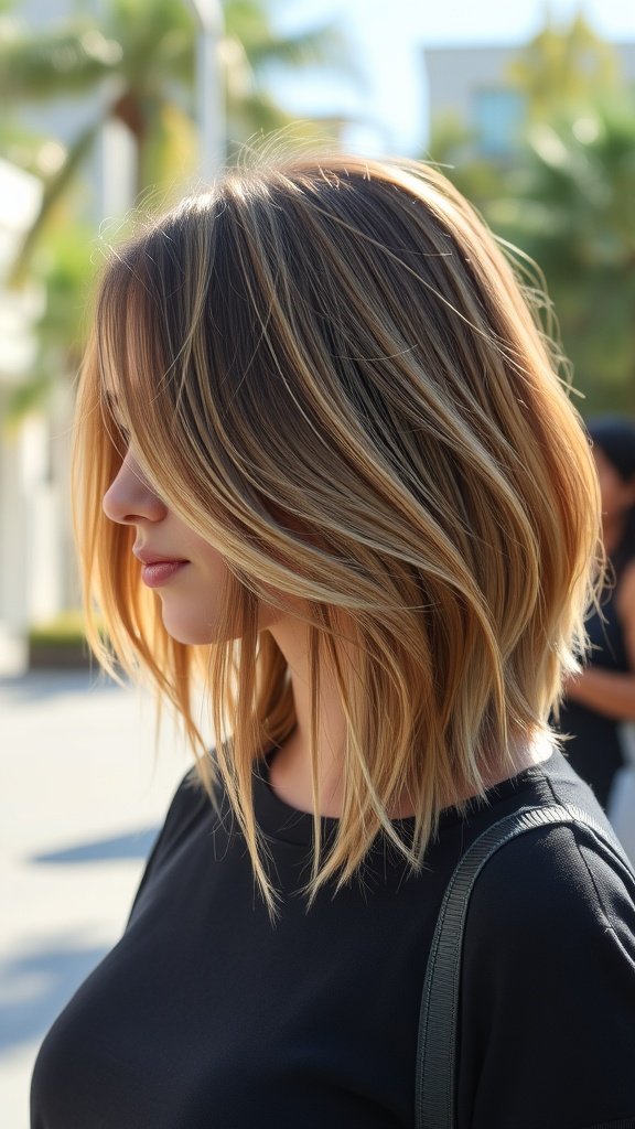 A woman with an angled medium-length haircut and side bangs, showcasing a stylish and modern look.