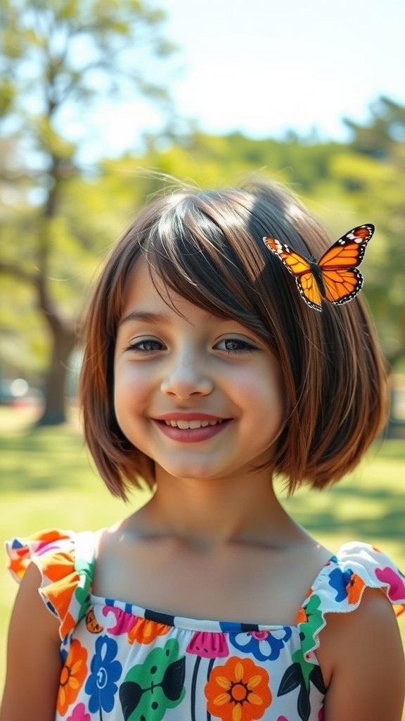 A young girl with an asymmetrical bob hairstyle and side-swept bangs, smiling with a butterfly on her shoulder.
