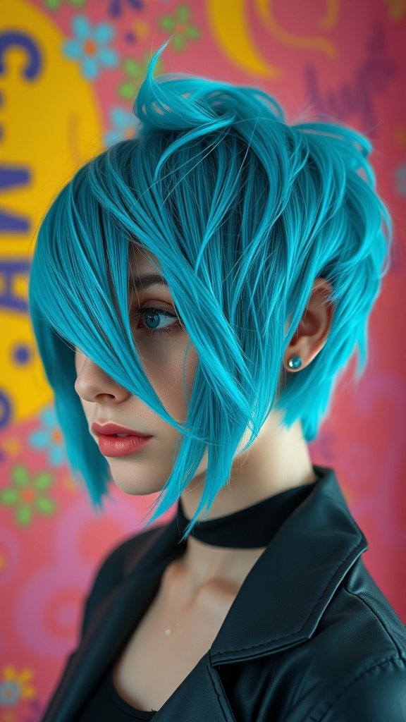 A stylish bixie haircut with oceanic turquoise tints, showcasing soft layers and a vibrant color.