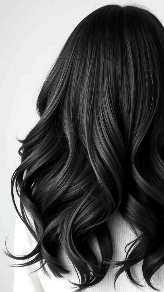 Shoulder-length black hair styled in soft, flowing waves