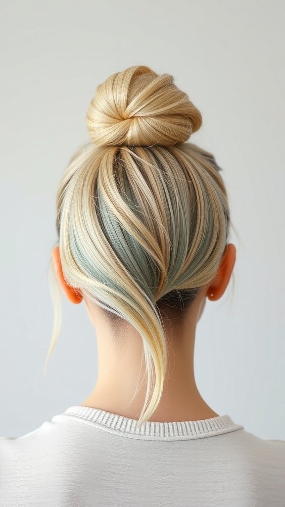 A blonde top knot hairstyle with deep teal lowlights, showcasing a stylish and vibrant look.