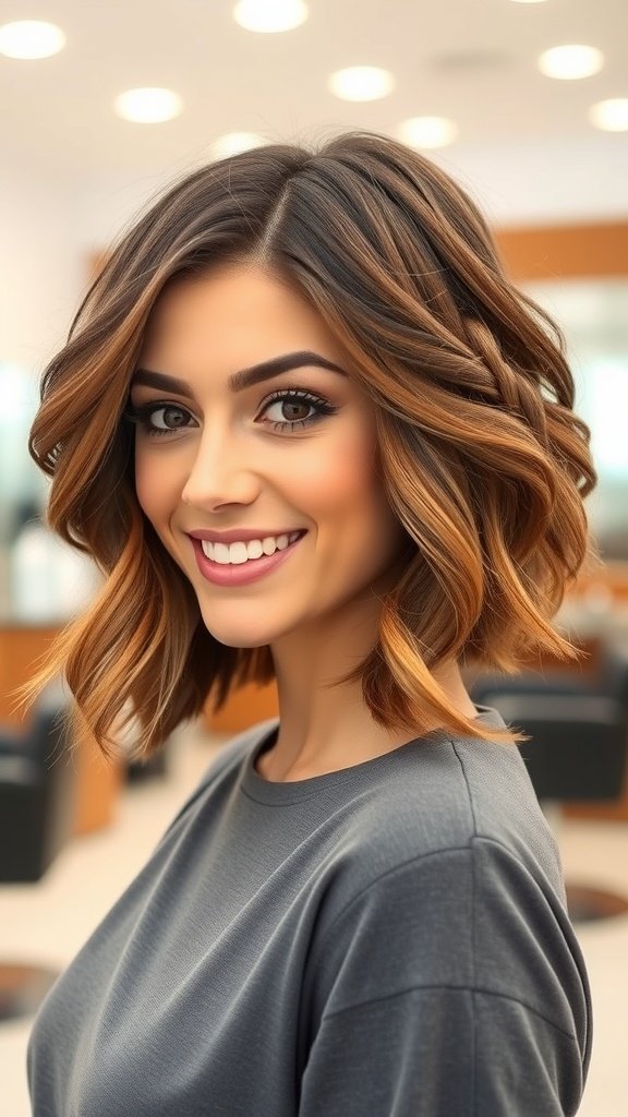 A woman with a medium bob hairstyle featuring side braids and soft waves, smiling in a salon setting.