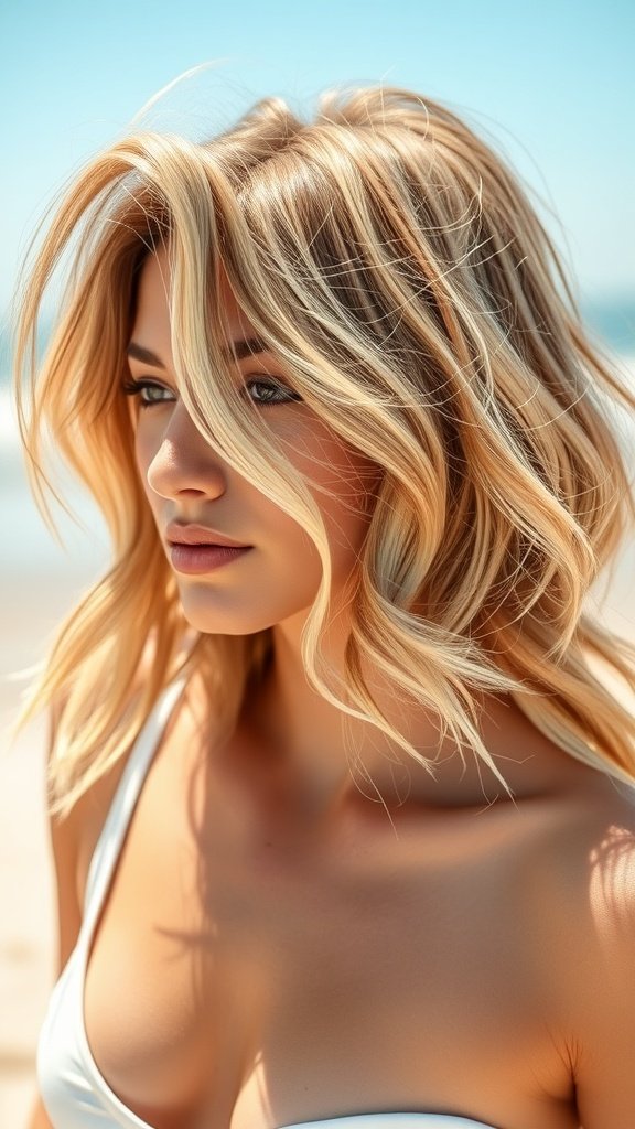A woman with a breezy shoulder-length haircut and beachy waves, looking relaxed and stylish.