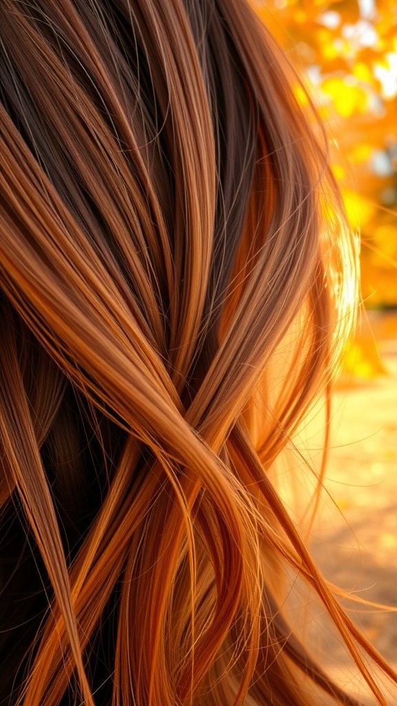 Hair with burnt orange highlights in a warm autumn setting