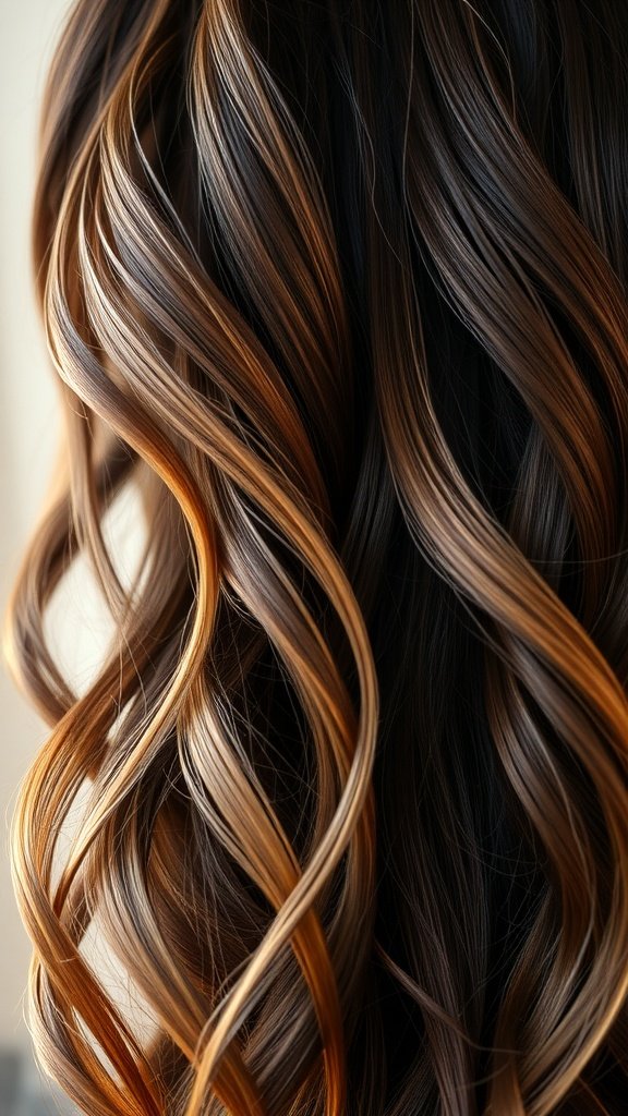 Wavy brown hair with caramel highlights cascading down