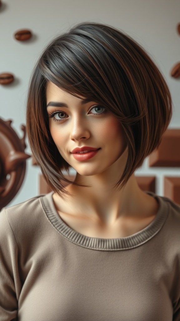 A woman with a chocolate brown asymmetrical bob hairstyle, showcasing a chic and stylish look.