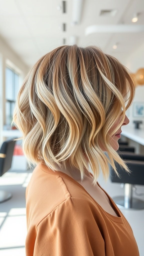 A woman with a choppy bob hairstyle featuring graduated layers, showcasing soft waves and highlights.