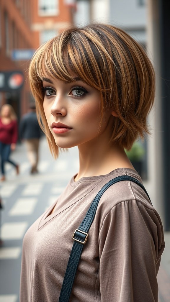 A young woman with choppy layered hair and blunt ends, showcasing a stylish haircut.