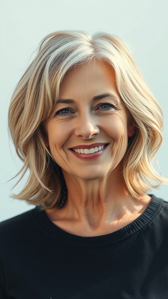 A woman with a choppy lob hairstyle featuring textured ends, smiling confidently.