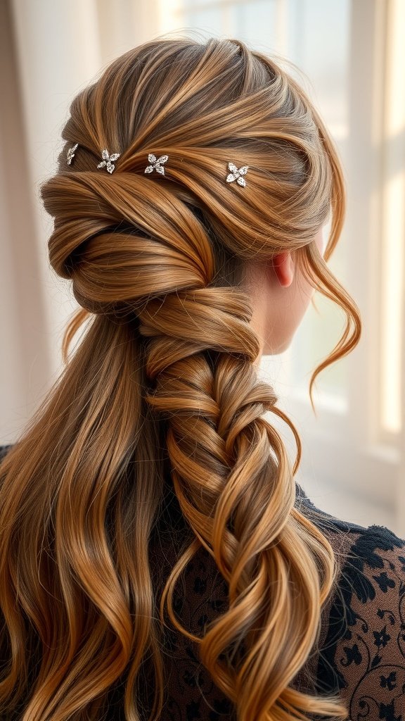A woman with a classic French twist hairstyle adorned with decorative hair clips.