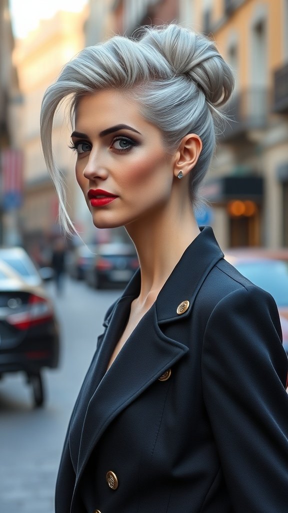 A stylish woman with silver hair styled in a classic chignon, wearing a black blazer and bold red lipstick.