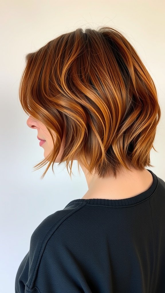 A woman with a copper textured lob hairstyle, showcasing soft waves and a warm color.