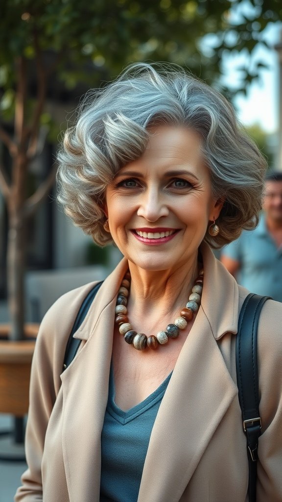 Older woman with a curly bob hairstyle and deep side part, wearing a beige coat and a statement necklace.
