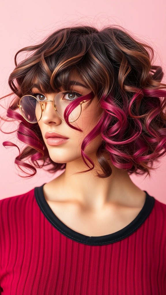 A woman with a curly bob hairstyle featuring swooped bangs, wearing glasses and a red top against a pink background.