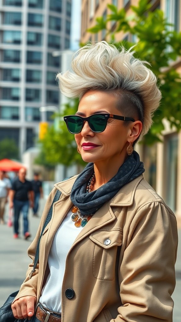 A woman with a curly mohawk hairstyle, wearing sunglasses and a stylish outfit, standing outdoors.