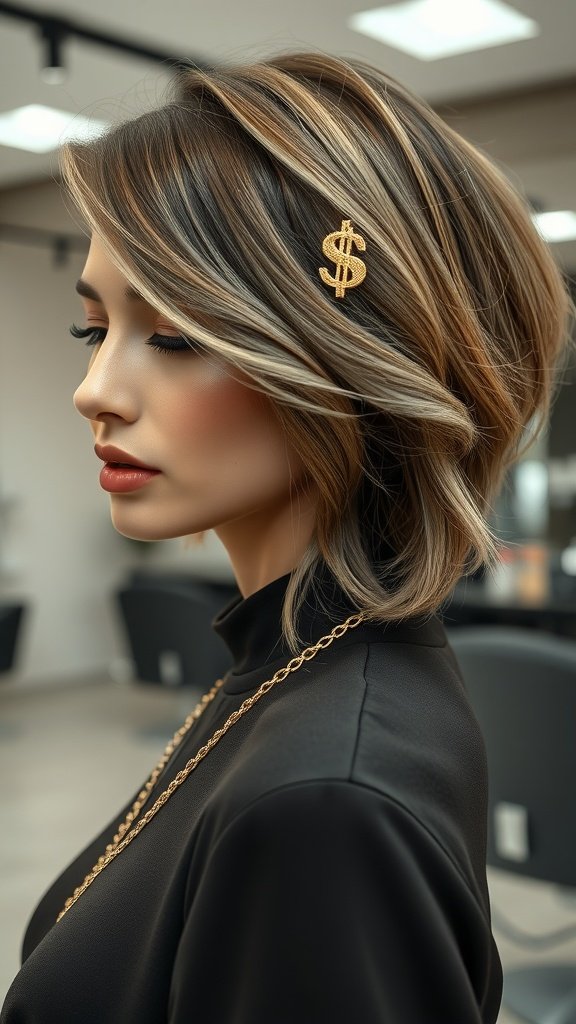 A woman with dark ash blonde hair featuring pale gold money piece highlights, styled in a chic bob cut.